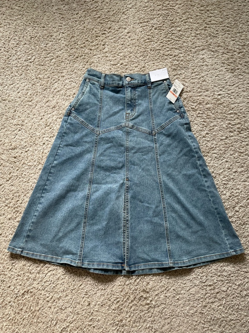 Jessica Simpson Blue Denim Paneled Midi Skirt with Contrast Stitching